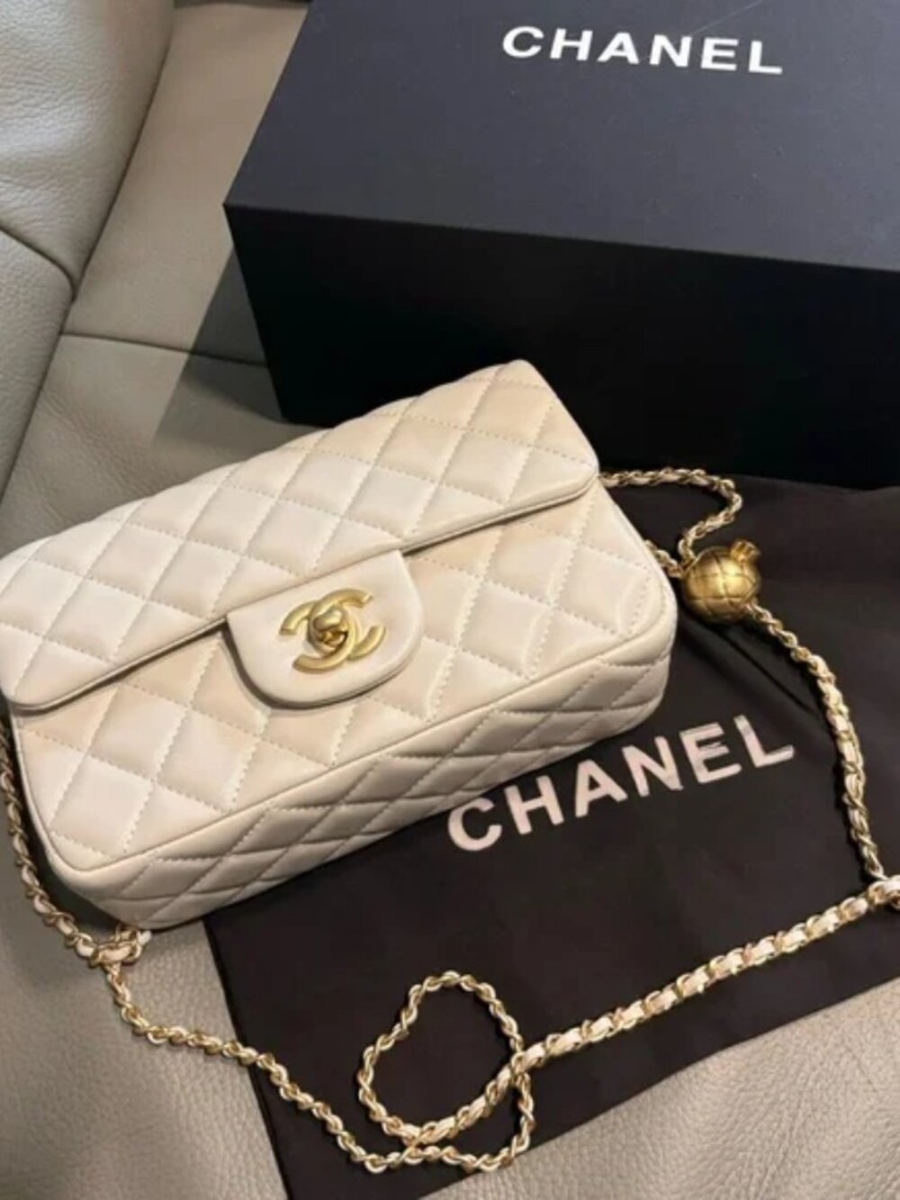 Chanel Mini Classic Flap White Lambskin Gold Hardware Pearl Crush Ball Chain Bag